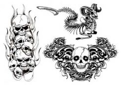 Drei große falsche Tattoos. Große schwarze Tätowierung. Brennende Schädel, Skelette