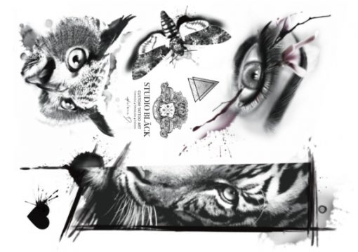 Flash temporary tattoo design by Helene at Studio Bläck. Owl tattoo, eye tattoo, tiger tattoo.