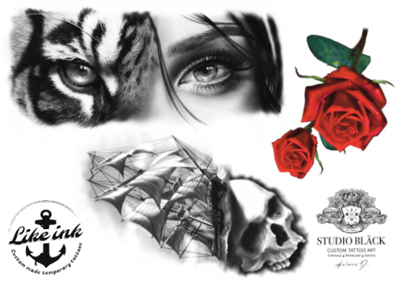 Tattoo-Design von Helene im Studio Bläck. Kaufen Sie ihr Design in Form von temporären Tattoos mit Motiven wie Rosen, Totenkopf und Tiger-Gesicht.