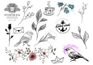 Falsche Tattoos mit Motiven von Pflanzen, Vögeln, Ästen und Blumen. Schöne Tätowierung.