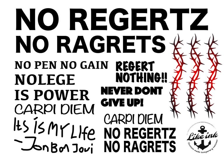 Falsch geschriebene Tattoos. No regertz, no regrets, regert nothing. Lustige falsch geschriebene Tattoos.