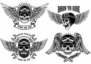 "Born To Ride" Tattoos, Schädel mit Flügeln.