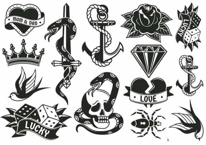Oldschool Tattoo-Symbole, Diamant, Würfel, Schwalbe.