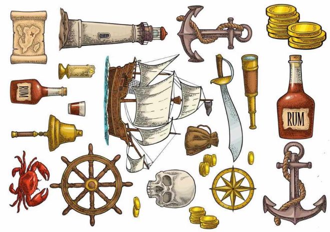 Piratenabenteuer, Tattoos mit Leuchtturm, Anker und Fernglas.