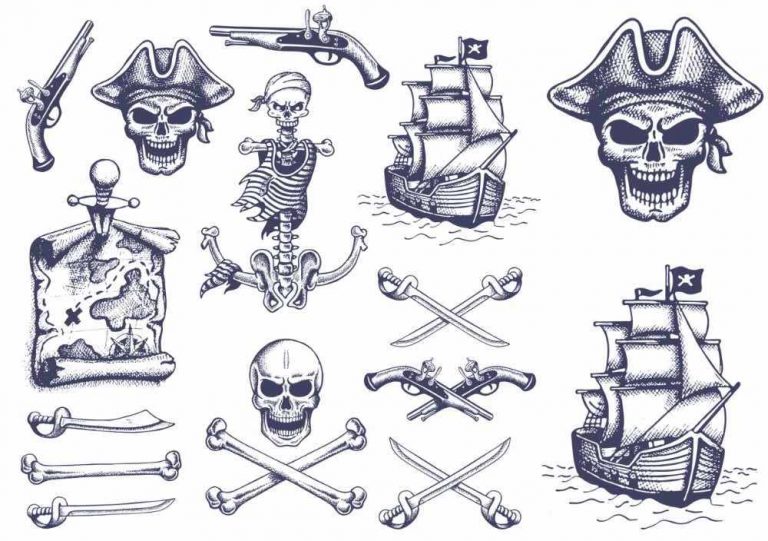 Handgezeichnete Piratentattoos, Skelett, Pirat, Schatzkarte.