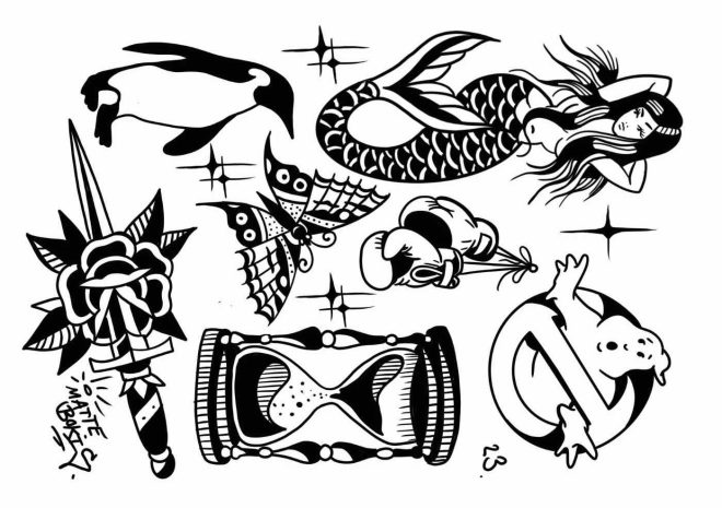 Schwarz-weiß temporäre Tattoos mit Motiven einer Meerjungfrau, Boxhandschuhen und einer Sanduhr von Real Fake Tattoos von Like ink.