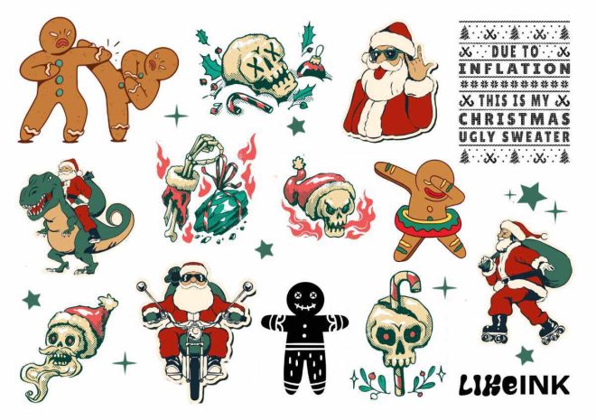 Das Bild zeigt eine Sammlung von einzigartigen temporären Tattoos, die von Weihnachten inspiriert sind. Jedes Design kombiniert das traditionelle Weihnachtsgefühl mit einem kantigeren Tattoo-Stil. Zu den hervorgehobenen Motiven gehören ein Schädel mit einer roten Weihnachtsmütze und ein cooler Weihnachtsmann auf einem Motorrad. Es gibt auch andere handgezeichnete Weihnachtsmotive mit einem deutlichen Tattoo-Flair, was einen einzigartigen Twist zu klassischen Weihnachtsthemen hinzufügt. Diese Sammlung ist perfekt für alle, die nach etwas Besonderem für die Weihnachtszeit suchen.