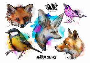 Farbenfrohe Tattoos im Street- und Graffiti-Stil vom Künstler Sagie Tattoo. Temporäre Aquarell-Tattoos von einem Fuchs, Vögeln von Unikum Gallery für Like ink