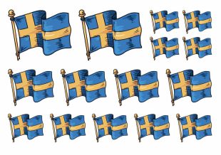 Temporäre Tattoos der Schwedenflagge von Like ink. Die Flaggen sind im Tattoo-Stil mit deutlichen Konturlinien und lebhaften gelb-blauen Farben gestaltet.